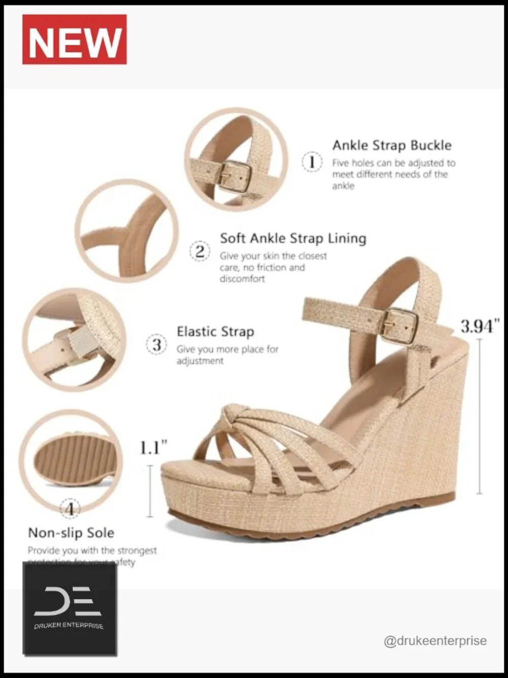 Espadrille Wedge Sandals for Women - Comfortable Open Toe Platform with Ankle